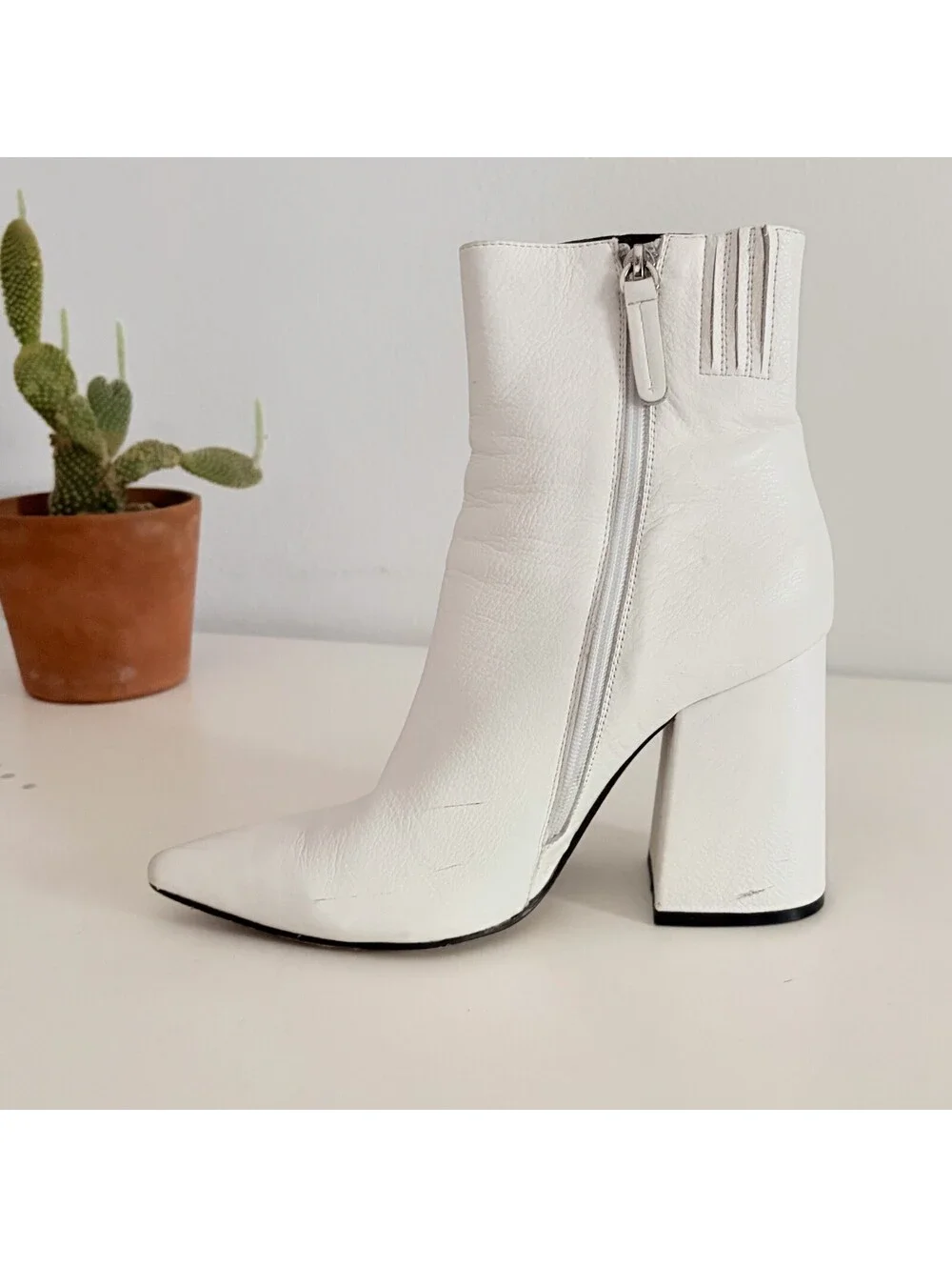 White Ankle Boots Western Pointed Toe Block Heel Side Zipper